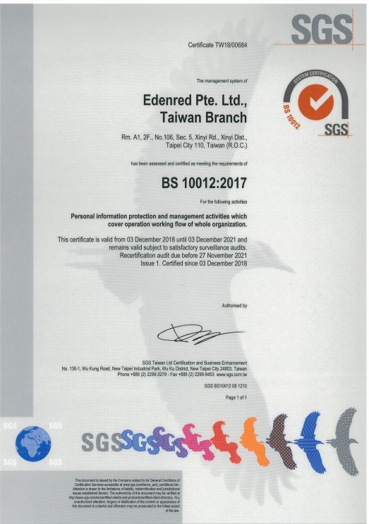 Edenred Taiwan Received BS10012 Personal data Certification